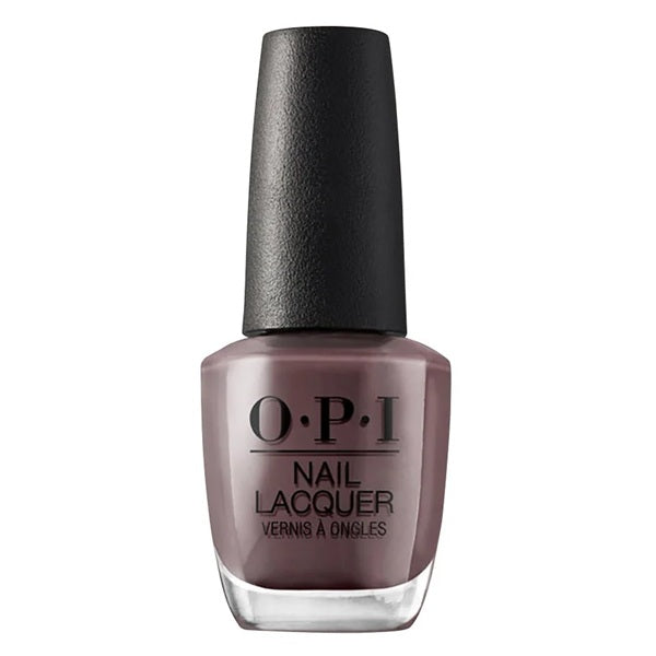 OPI taupe brown nail polish bottle with black cap.