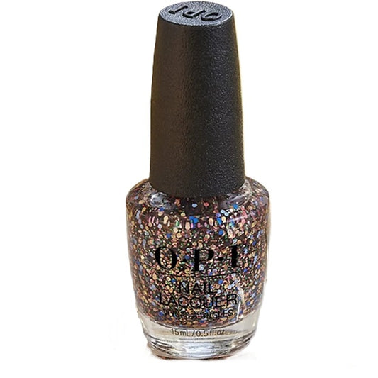OPI nail polish bottle with glittery finish on a white background