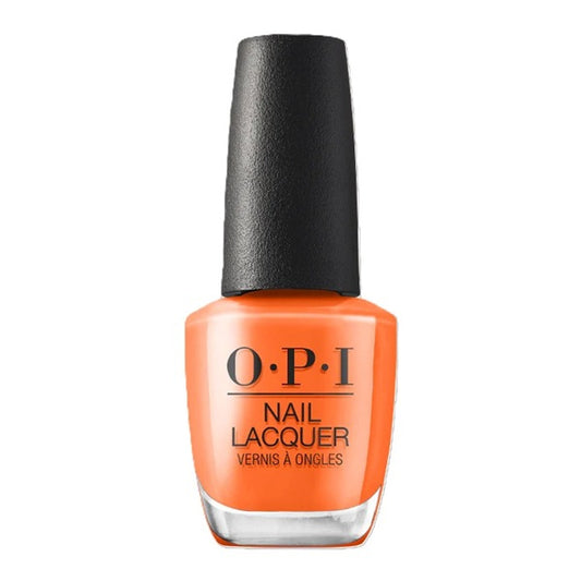 OPI nail polish bottle with orange color on a white background