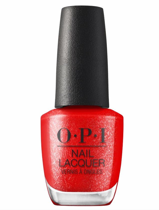 OPI Red shimmer nail polish bottle with black cap on a white background