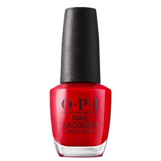 OPI red nail polish bottle with black cap on a white background