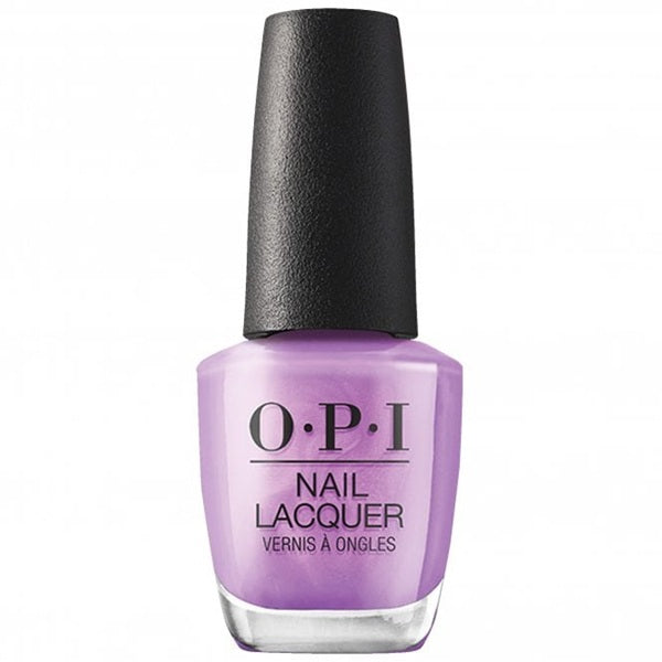 OPI nail lacquer bottle with purple polish and black cap on a white background