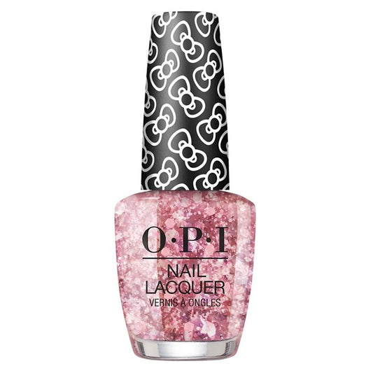 OPI nail polish bottle with pink glittery polish and black and white bow pattern on cap