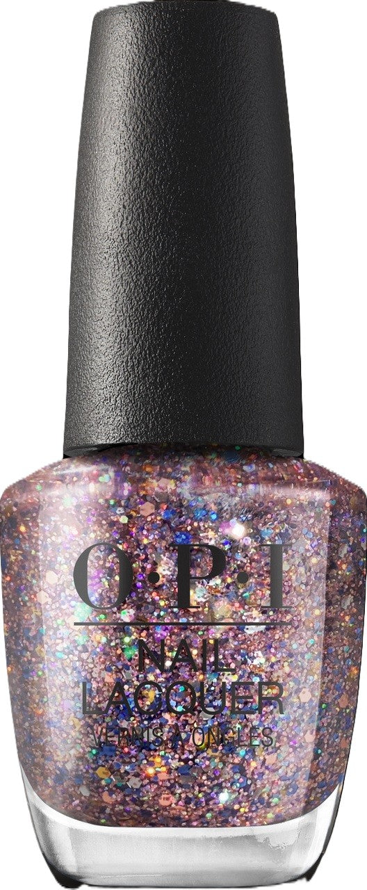 OPI nail polish bottle with glittery finish and black cap