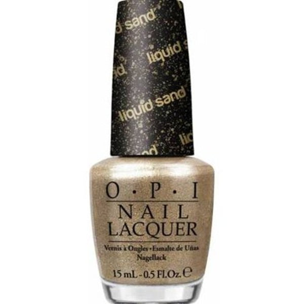 OPI nail lacquer bottle with gold and black design on a white background