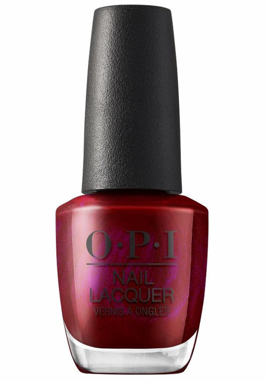 OPI nail lacquer bottle with puple red polish and black cap on a white background