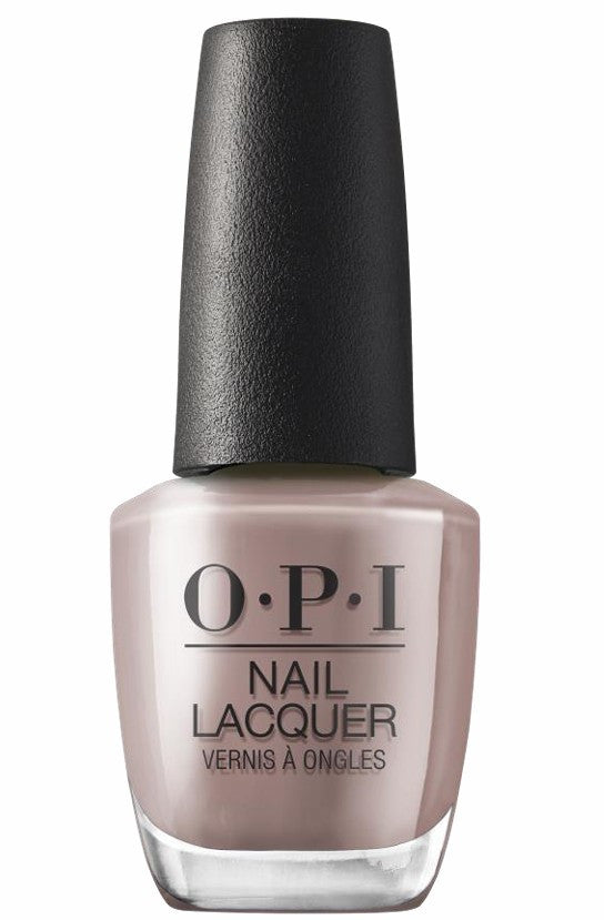 OPI light brown nail polish bottle with a black cap on a white background