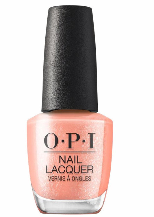 OPI peach nail polish bottle with a black cap on a white background