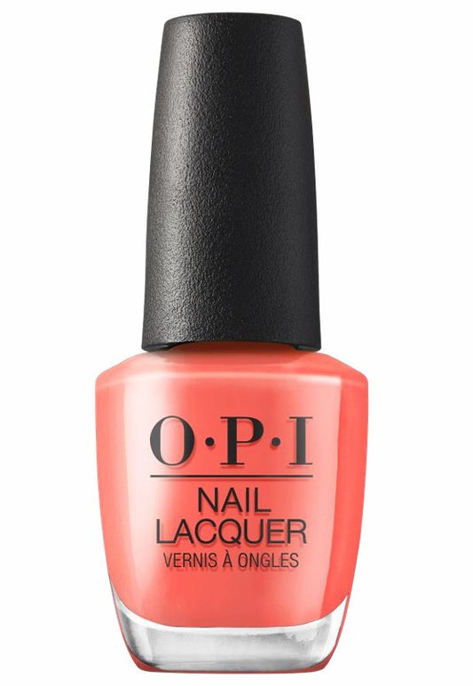 OPI orange nail lacquer bottle with black cap on a white background