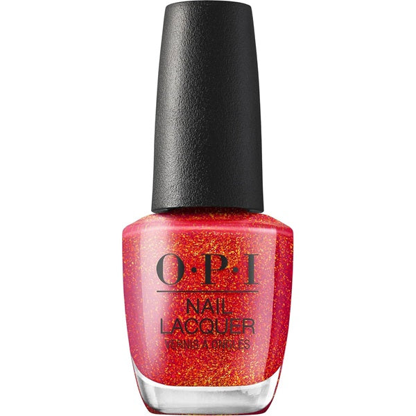 OPI nail polish bottle with red glittery polish on a white background
