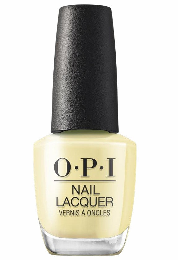 OPI  yellow nail lacquer bottle with a black cap on a white background