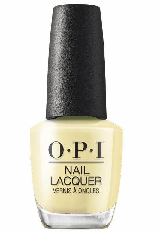 OPI  yellow nail lacquer bottle with a black cap on a white background