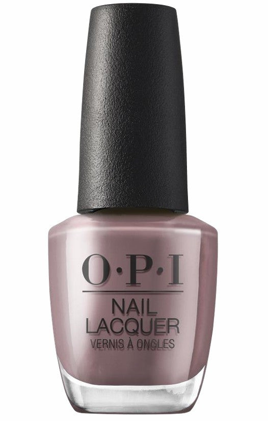 OPI light brown nail lacquer bottle with a black cap on a white background
