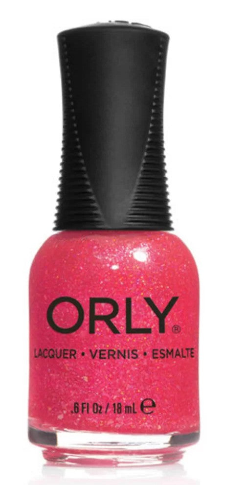 Orly nail polish bottle with pink glittery polish on a white background