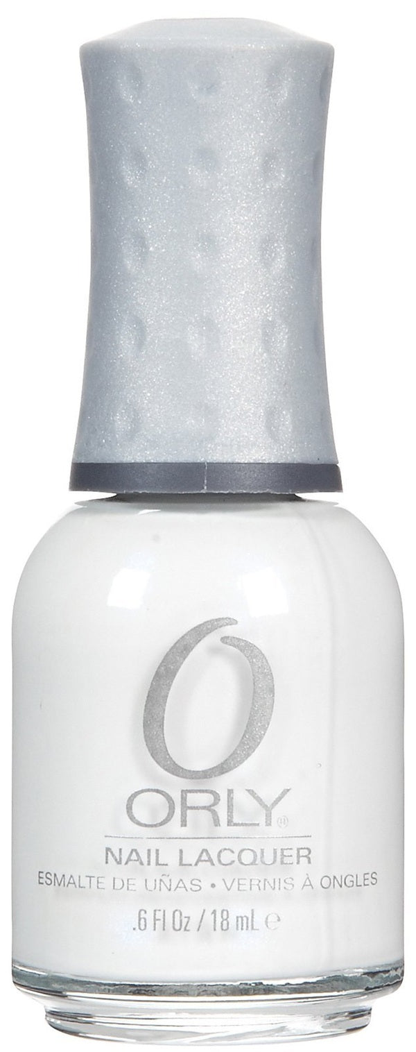 Orly white nail polish bottle with gray cap on a white background