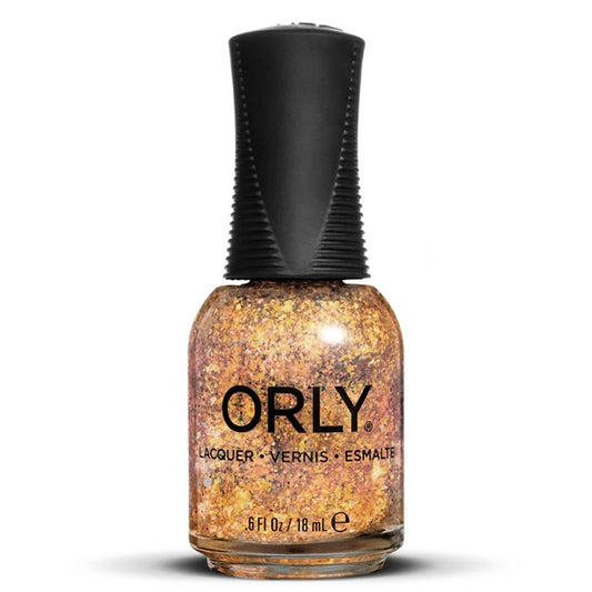 Orly nail polish bottle with glittery gold polish on a white background