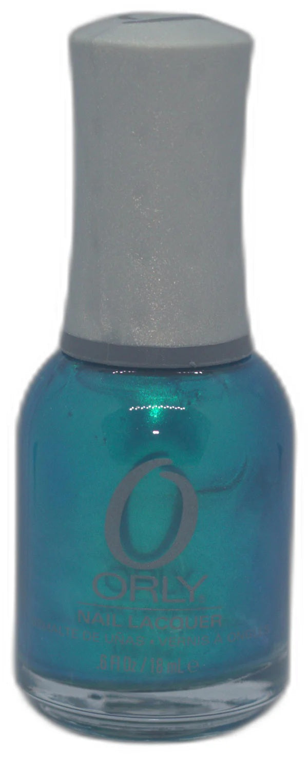 Orly nail polish bottle with aqua blue color and gray cap