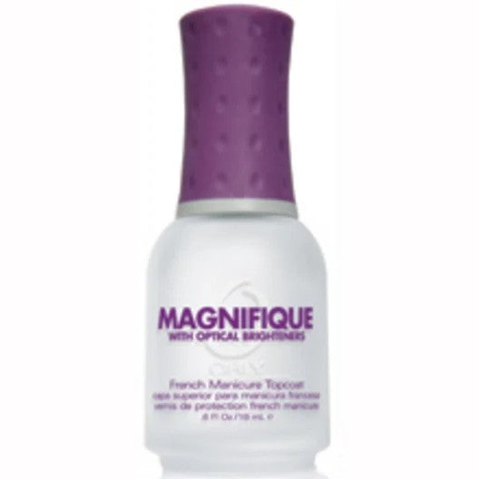 A bottle of Magnifique French Manicure Topcoat with Optical Brighteners, featuring a clear bottle showing the clear topcoat inside and a textured purple cap.