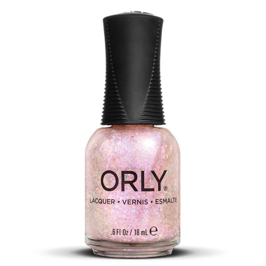 Orly nail polish bottle with pink glittery polish on a white background