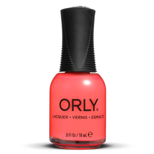 Orly nail polish bottle with a bright coral color on a white background