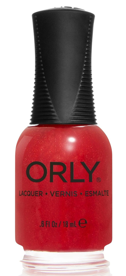 Orly red nail polish bottle with black cap on a white background