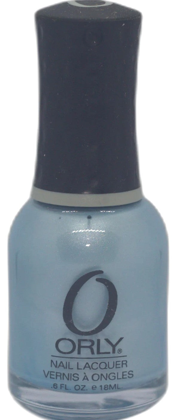 Orly nail polish bottle with blue polish and black cap on a white background