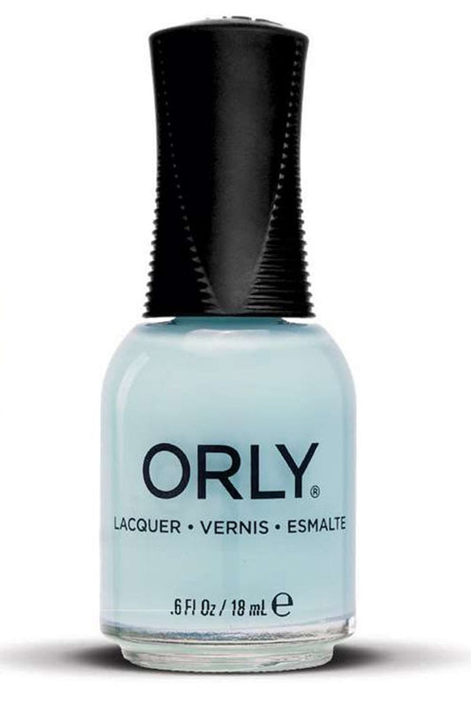 Orly pastel green/blue creme nail polish bottle with black cap on a white background
