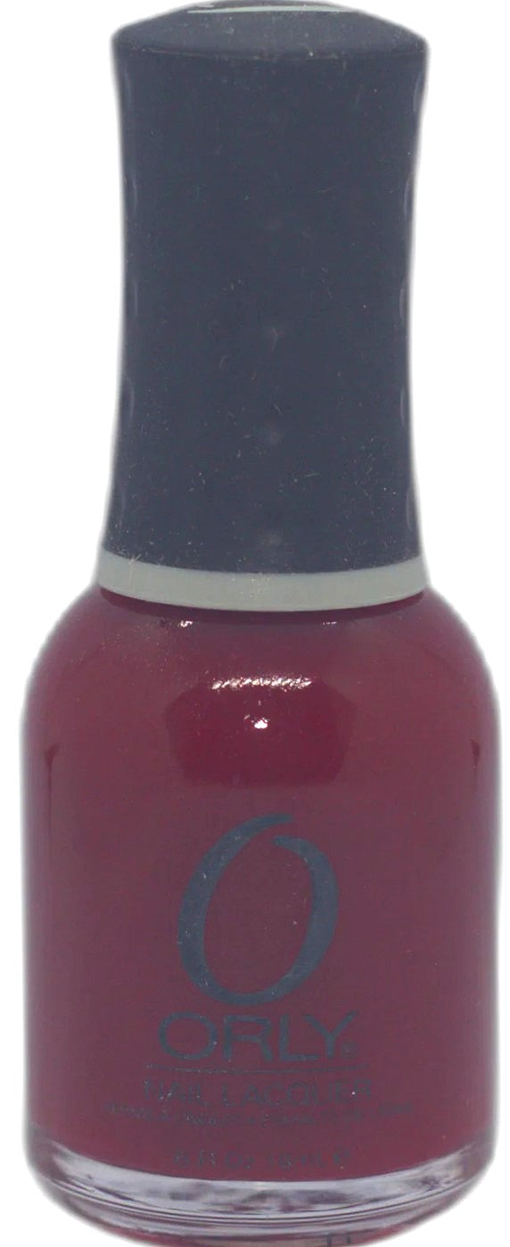 Orly nail polish bottle with a dark pink color and black cap on a white background