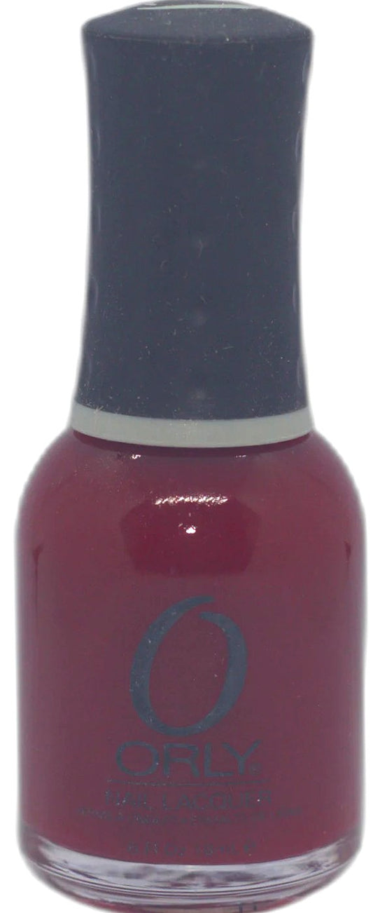 Orly nail polish bottle with a dark pink color and black cap on a white background