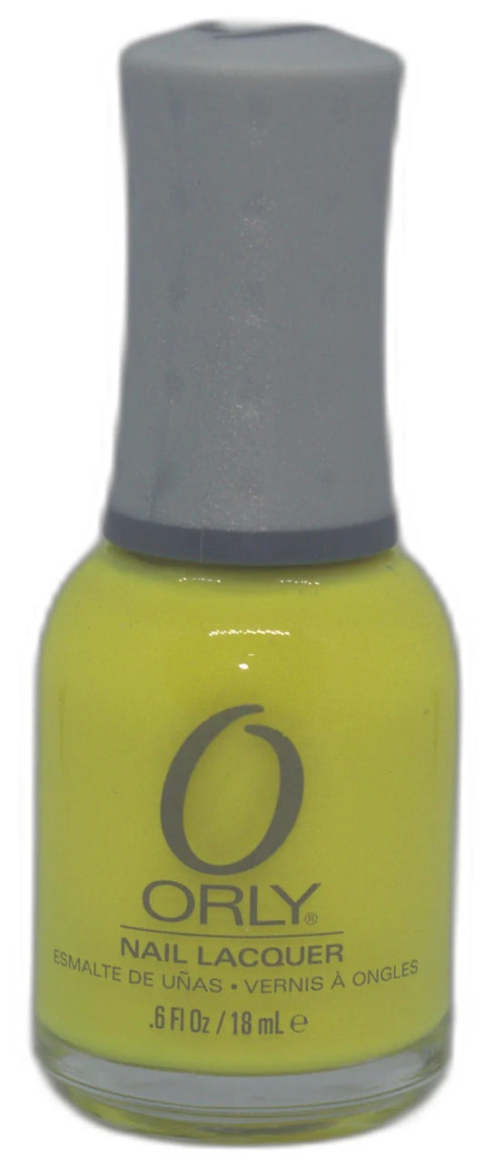 Orly neon yellow nail polish bottle with gray cap on a white background