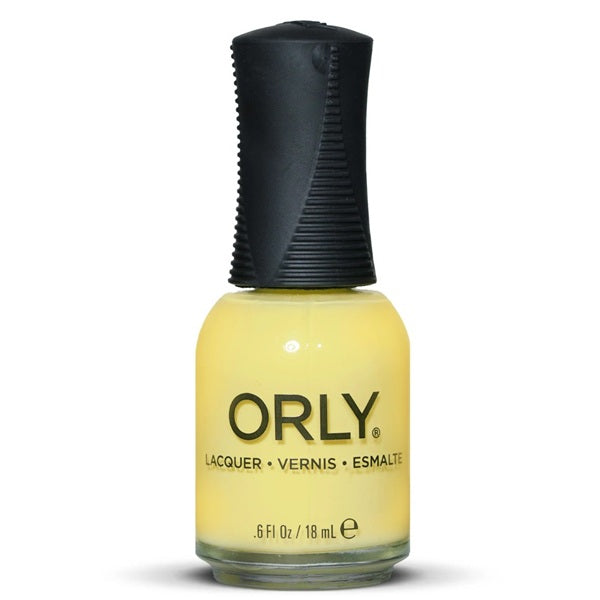 Orly nail polish bottle with yellow polish on a white background