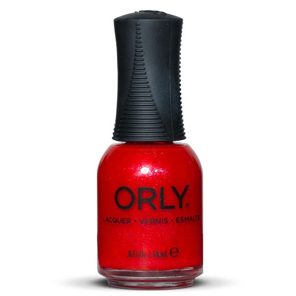 Red nail polish bottle with black cap on a white background, featuring the Orly brand.