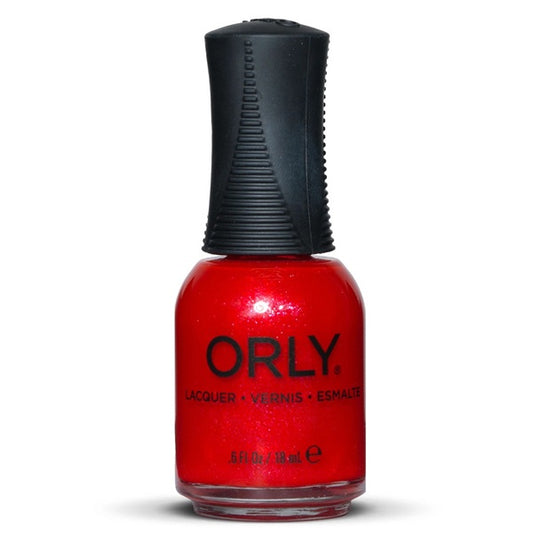 Red nail polish bottle with black cap on a white background, featuring the Orly brand.