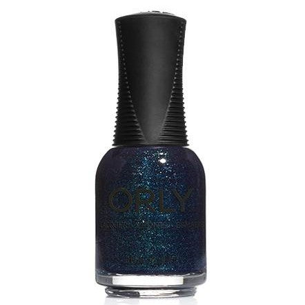 Dark teal blue shimmer nail polish bottle on a white background