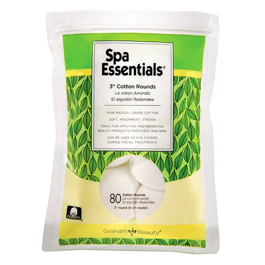 Packaging for Spa Essentials 3-inch cotton rounds, showing a green and white design with the product name, count, and a leaf motif.