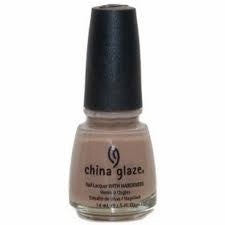 A bottle of China Glaze nail polish in a beige color with a subtle iridescent pink micro-shimmer.