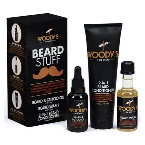 Woody's For Men Beard Stuff kit including a black box, beard conditioner tube, beard wash dropper bottle, and beard wash bottle on a white background.